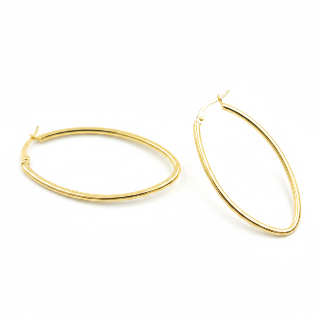 GER53. 14K Solid Gold Oval Shape Hollow Hoop Earrings