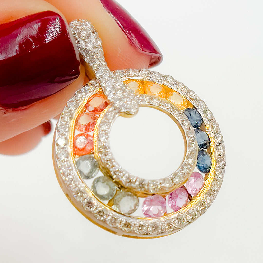 GDP805. 14K Solid Gold Multi Sapphire Round Pendant