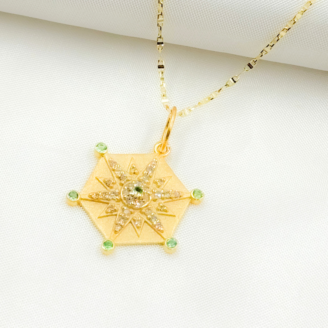 GDP637. 14K Solid Gold Star Charm in Hexagon with Diamonds and Gemstones