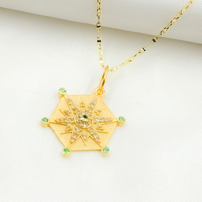 GDP637. 14K Solid Gold Star Charm in Hexagon with Diamonds and Gemstones