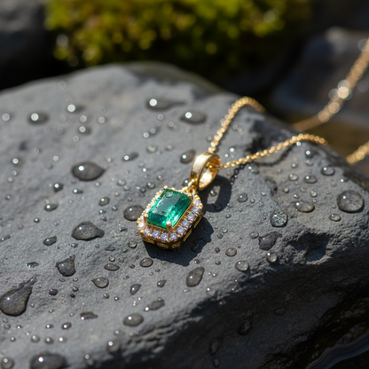 CMC00365EM6X4. 14K Solid Gold Rectangular-Shaped Emerald and Diamond Charm