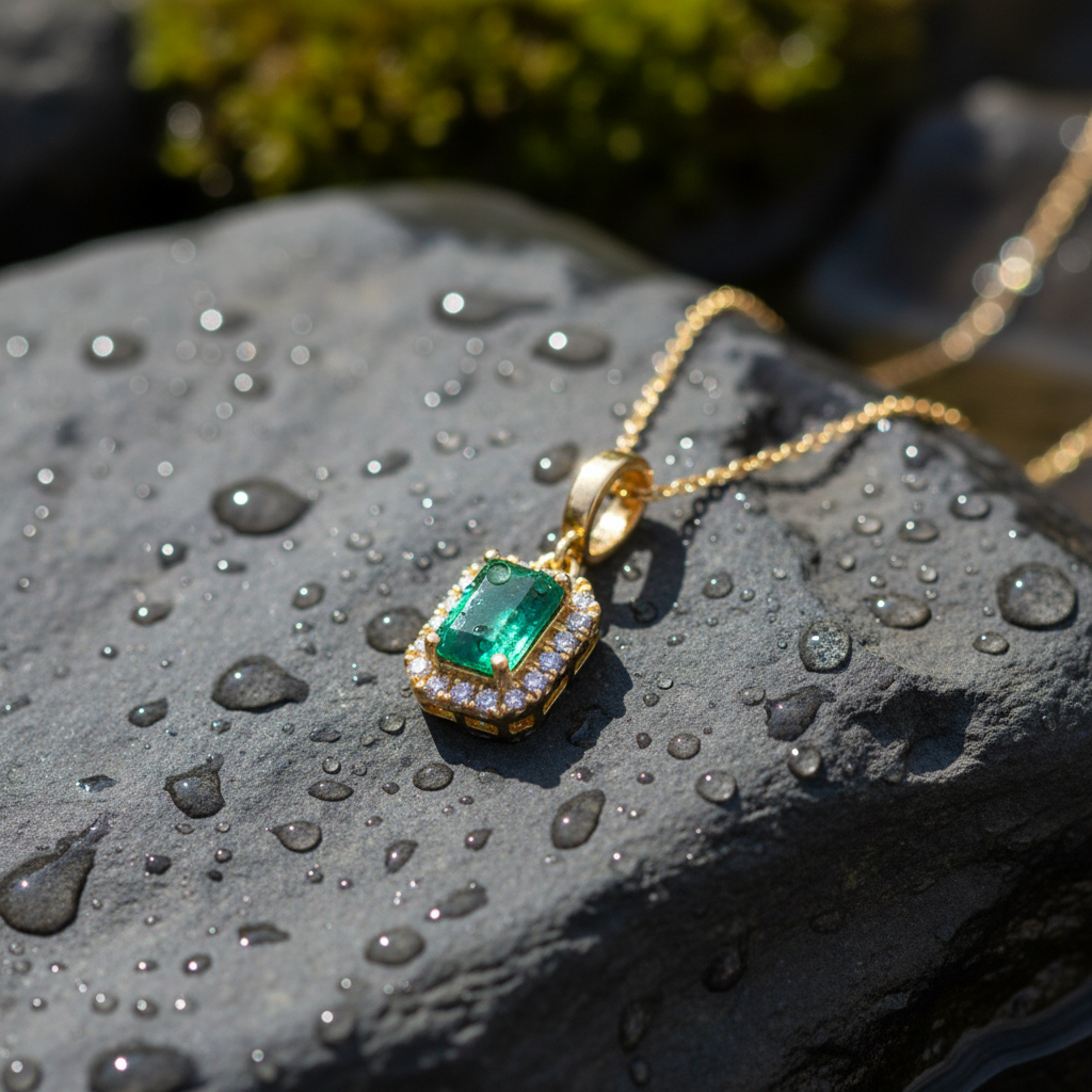 CMC00365EM6X4. 14K Solid Gold Rectangular-Shaped Emerald and Diamond Charm