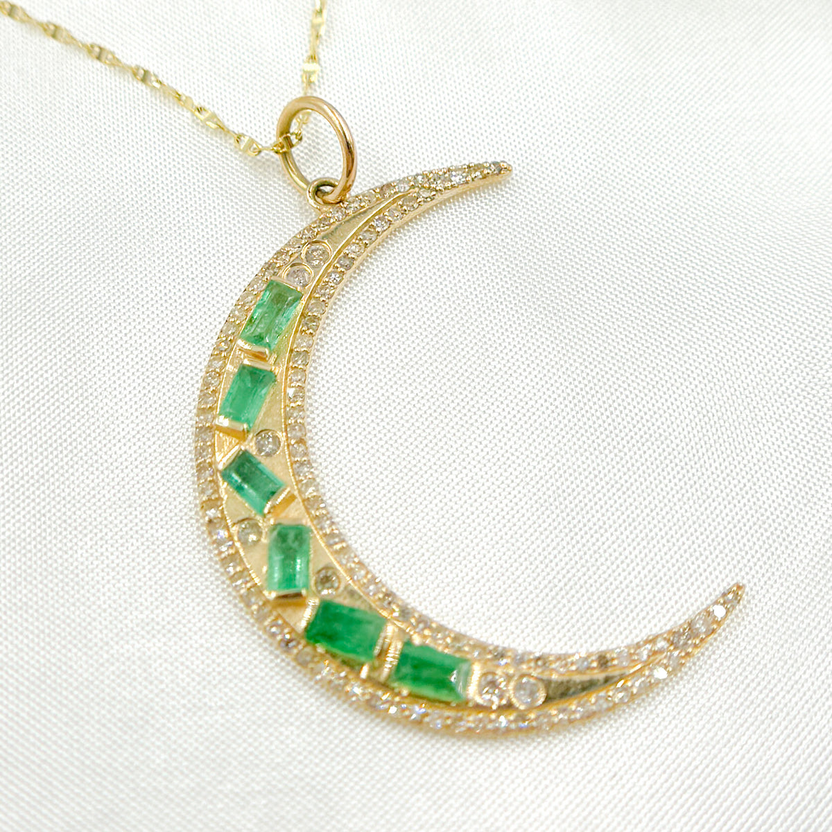 KG292. 14K Solid Gold Diamond and Emerald Moon Charm