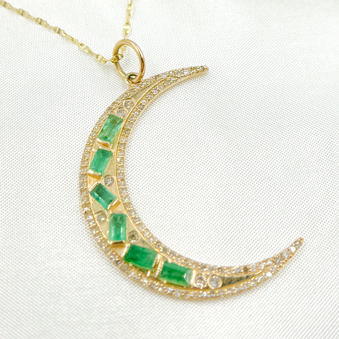 14K Solid Gold Diamond and Emerald Moon Charm. KG292