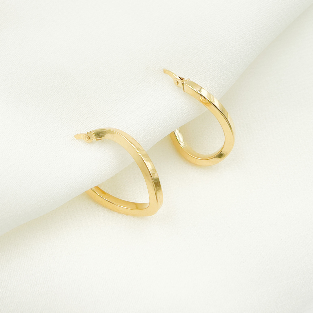 GER93. 14K Solid Gold Flat & Twisted Hoop Earrings