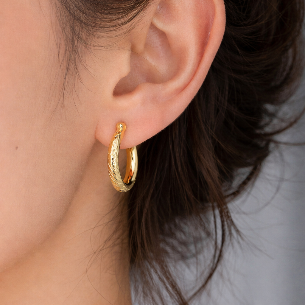 GER61. 14K Hollow Gold Diamond Cut Hoop Earrings