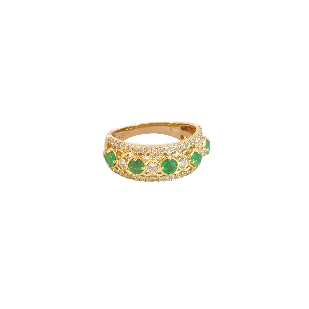 14K Solid Yellow Gold Diamond and Emerald Band Ring.
