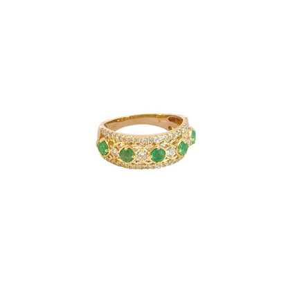 14K Solid Yellow Gold Diamond and Emerald Band Ring.