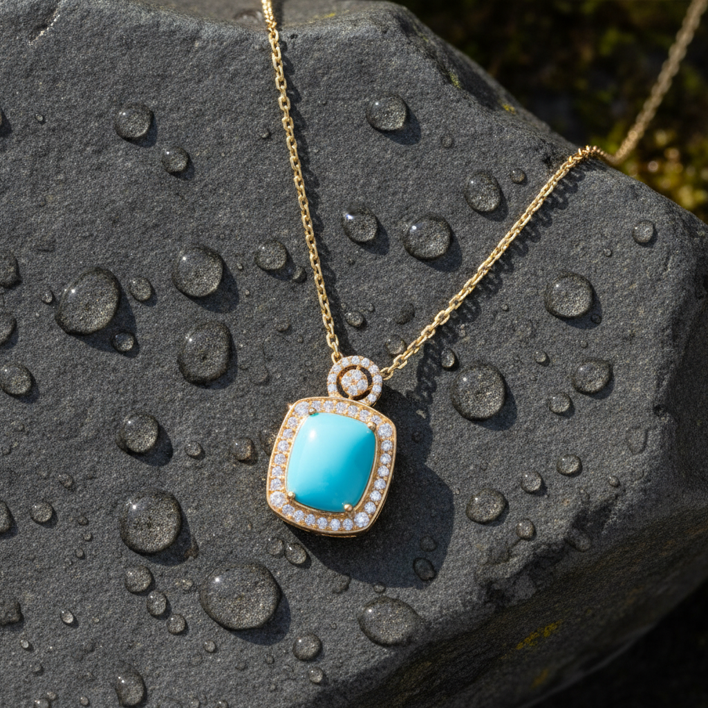 CP97443TQ12X10. 14K Solid Gold Diamond and Turquoise Pendant