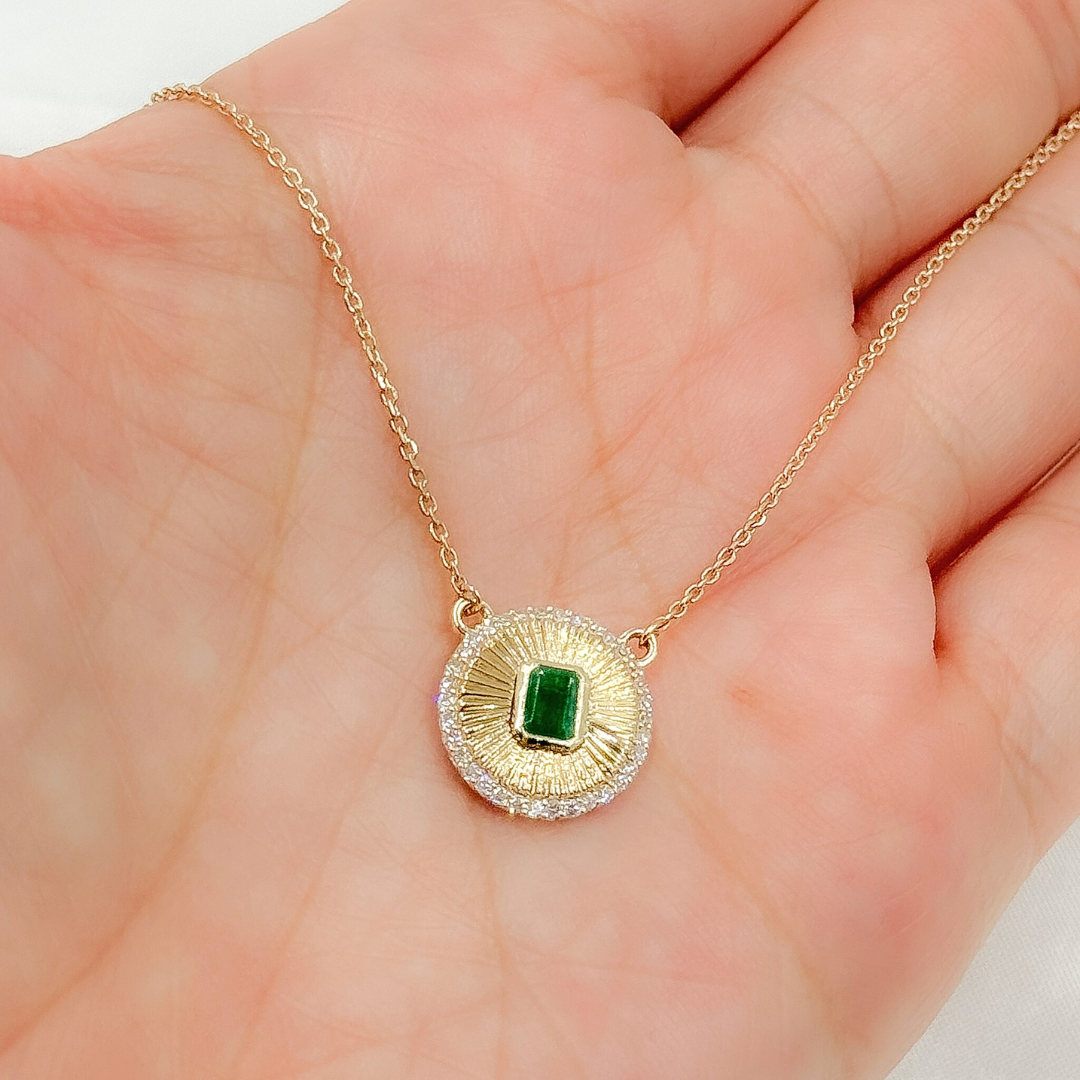 14k Solid Gold Emerald and Diamond Charm Necklace. CN96236EM