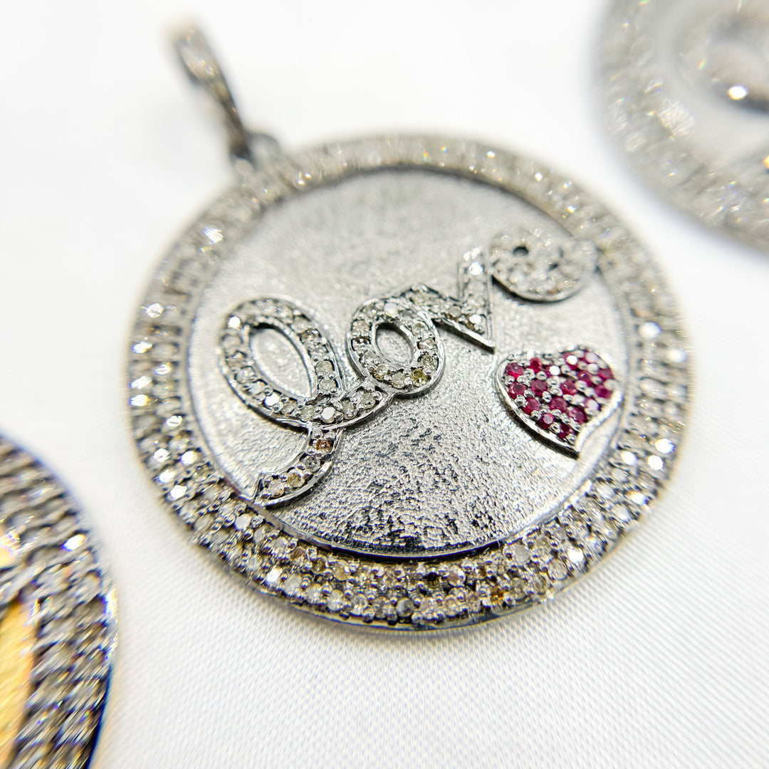 DP500. Diamond & Sterling Silver Round Love Pendant with Gemstone Heart