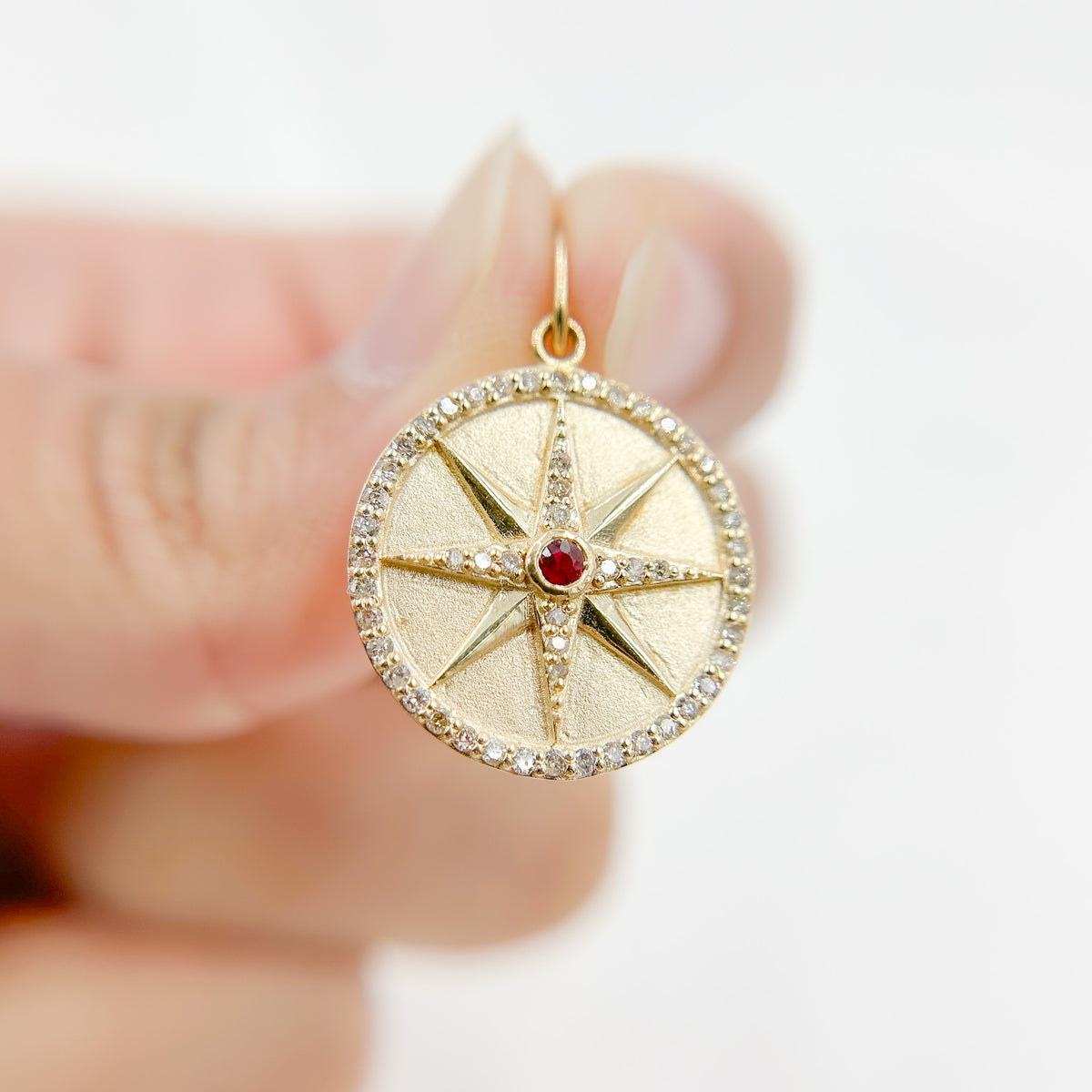 GDP498. 14K Solid Gold Diamonds and Ruby Circle Star Charm