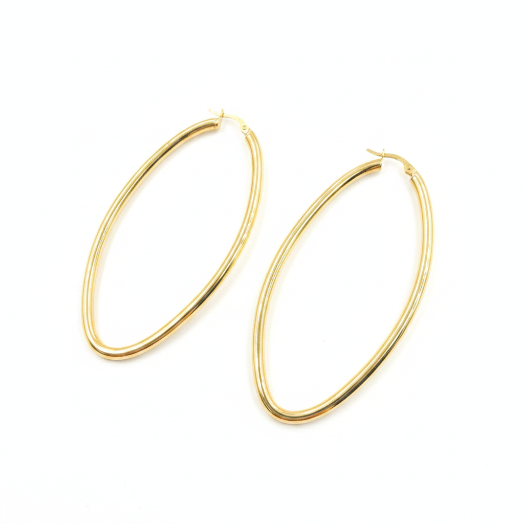 GER152. 14K Solid Gold Hollow Oval Hoop