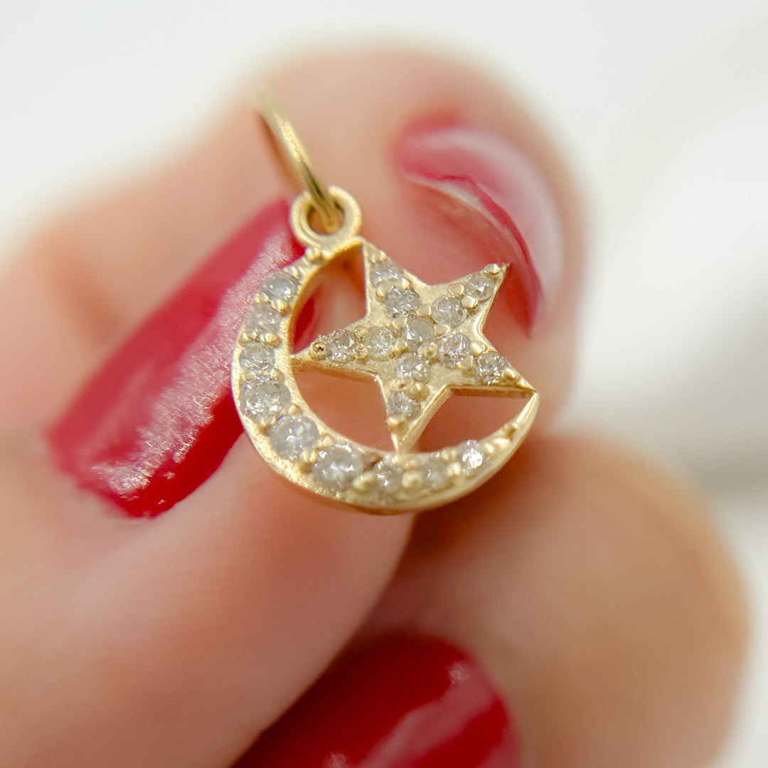 14k Solid Gold Moon and Star Diamond Charm. GDP638