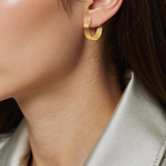 Load image into Gallery viewer, 15850017958. 14K Solid Gold Smooth and Textured Triple Line Hollow Hoop Earrings
