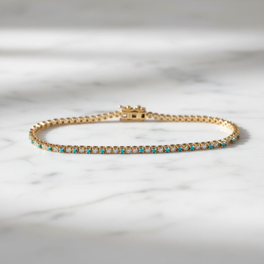 BTF65392TQ. 14k Solid Gold Diamond and Turquoise Beaded Bracelet