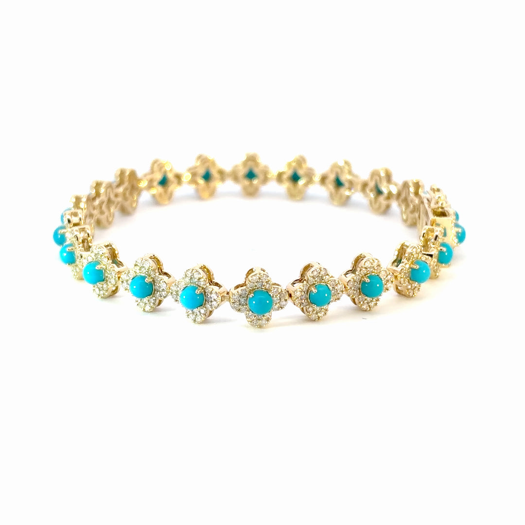 BR402766. 14K Solid Gold Diamond and Turquoise Flower Bracelet