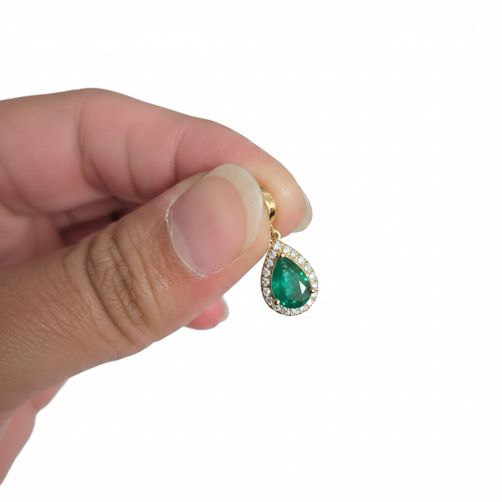 CMB00360EM. 14K Solid Gold Drop-Shaped Emerald and Diamond Charm