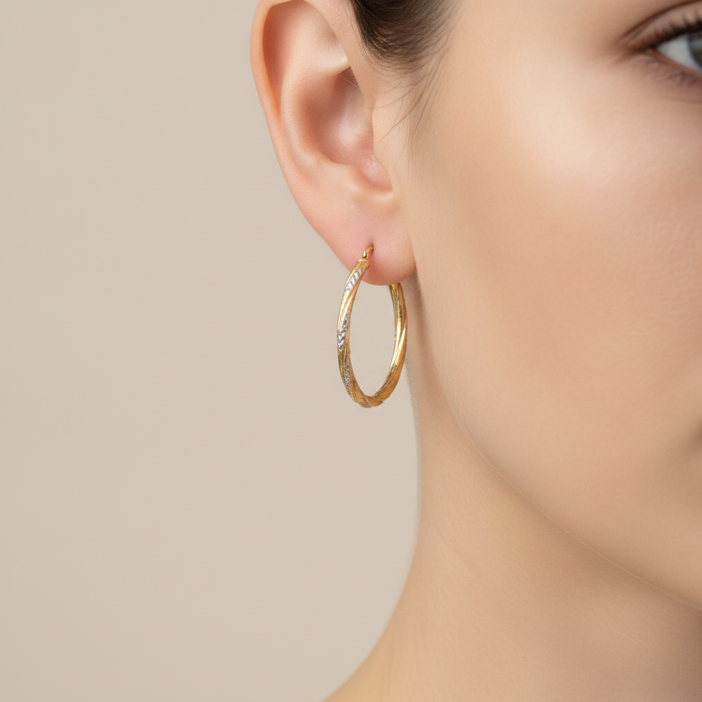 GER71. 14K Gold Hollow Hoop Earrings with Engraved Tornado Design