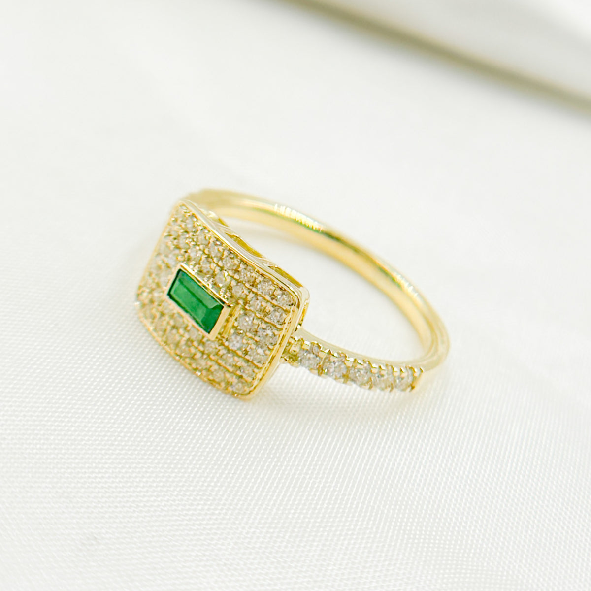 14K Solid Yellow Gold Diamond and Emerald Rectangle Ring.