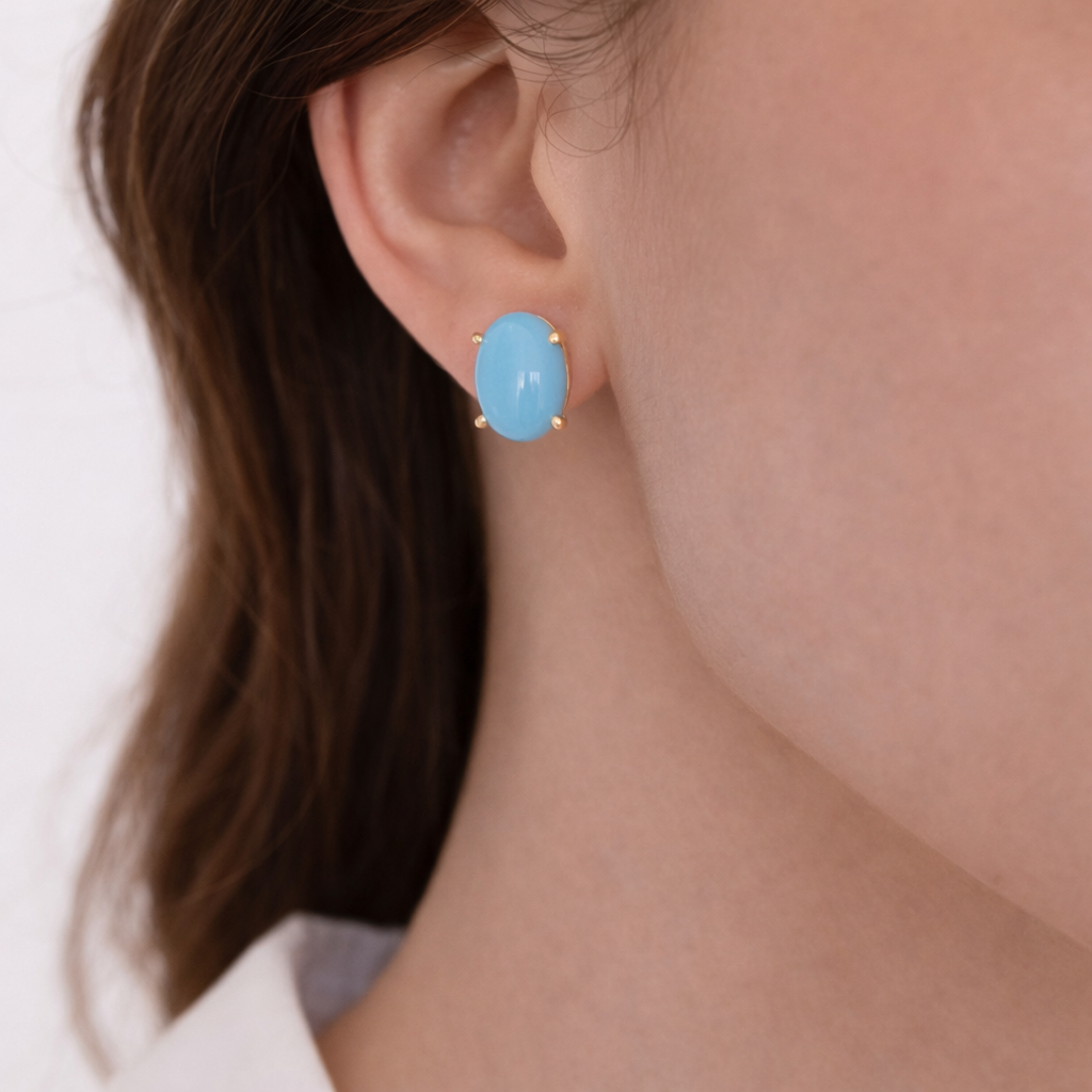 CE96803TQ8X6. 14K Solid Yellow Gold Turquoise Oval Studs Earrings