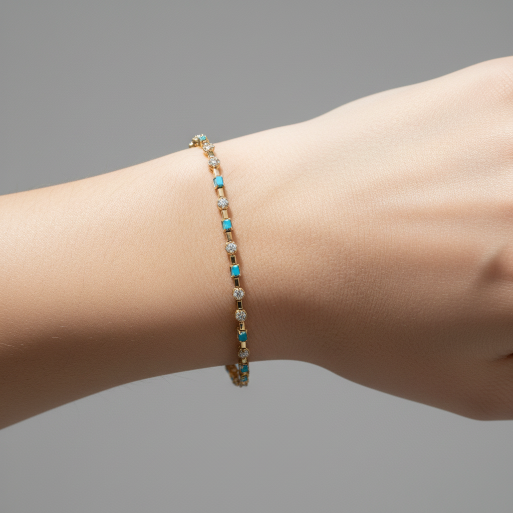 BFH60606TQ. 14K Solid Gold Diamond and Turquoise Fancy Bracelet