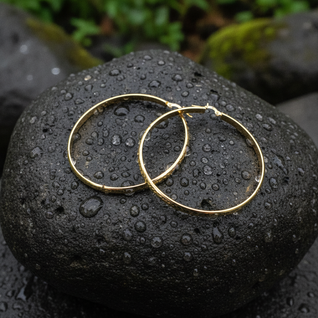 GER162. 14K Solid Gold Hollow Diamond Cut Hoop
