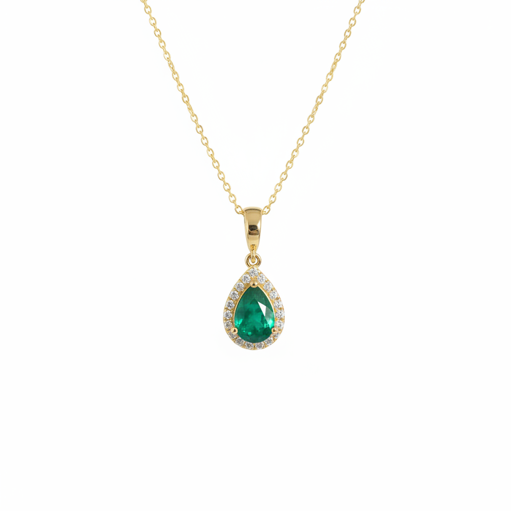 CMB00360EM. 14K Solid Gold Drop-Shaped Emerald and Diamond Charm