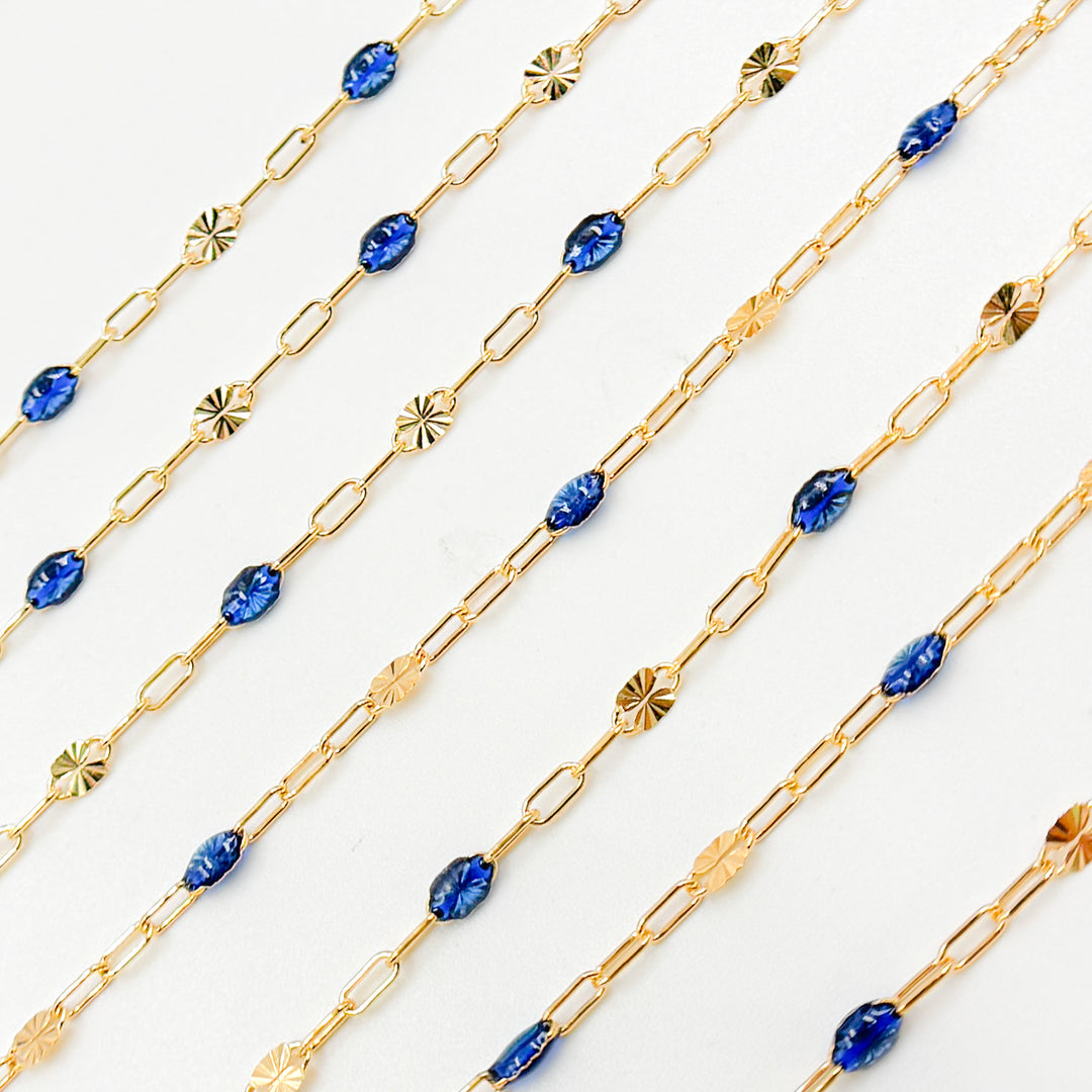 V295BLGF. 14K Gold Filled Blue Color Enamel with Paperclip and Diamond Cut Marina Links