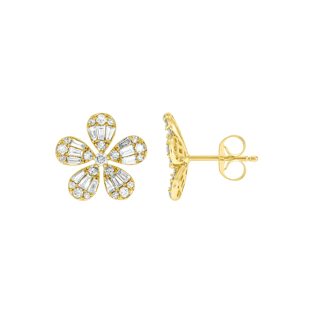 EFL52682. 14K Solid Gold Diamond Baguette Flower Stud Earrings