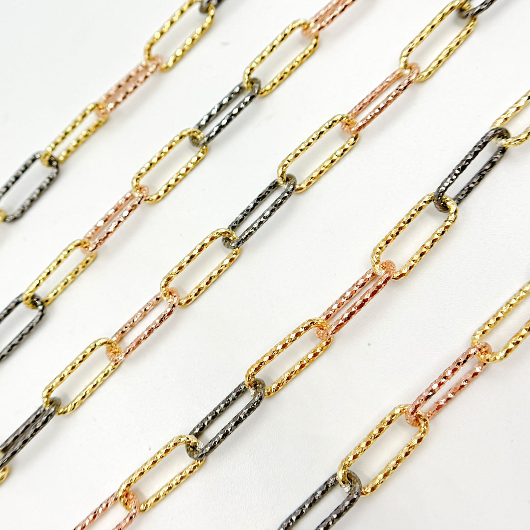 V10GBR. Sterling Silver Gold Plated, Black Rhodium & Rose Plated Paperclip Diamond Cut Link Chain