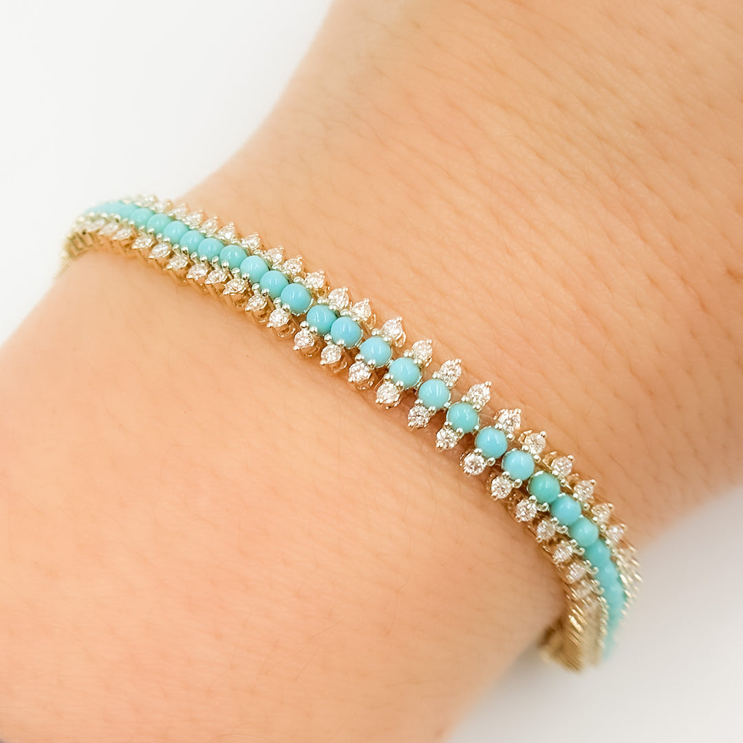 BFN60696TQ. 14k Solid Gold Diamond and Turquoise Bracelet
