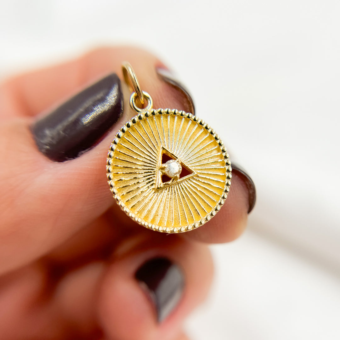 GDP269. 14K Solid Gold Diamonds Circle Triangle Charm