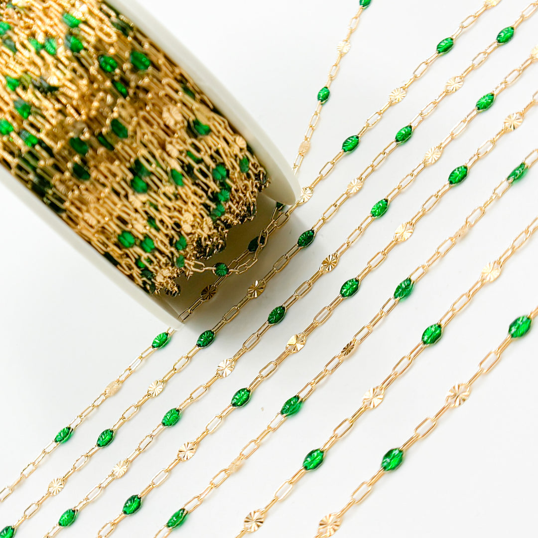 V295GRGF. 14K Gold Filled Green Color Enamel with Paperclip and Diamond Cut Marina Links