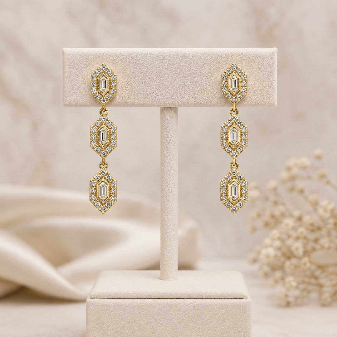 EFH52033. 14K Solid Gold and Diamonds 3 Hexagons Dangle Earrings