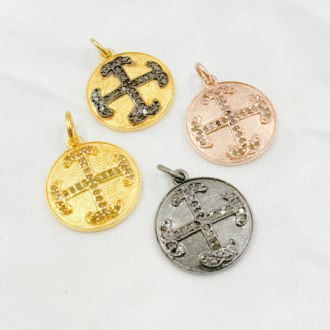Pave Diamond & 925 Sterling Silver Black Rhodium, Two-Tone (Black Rhodium and Gold Plated), Gold Plated and Rose Gold Plated Round Cross Pendant. DC881