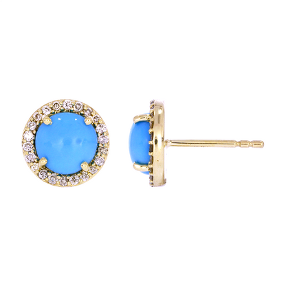EFD53654TQ. 14K Solid Yellow Gold Diamond and Turquoise Round Stud Earring