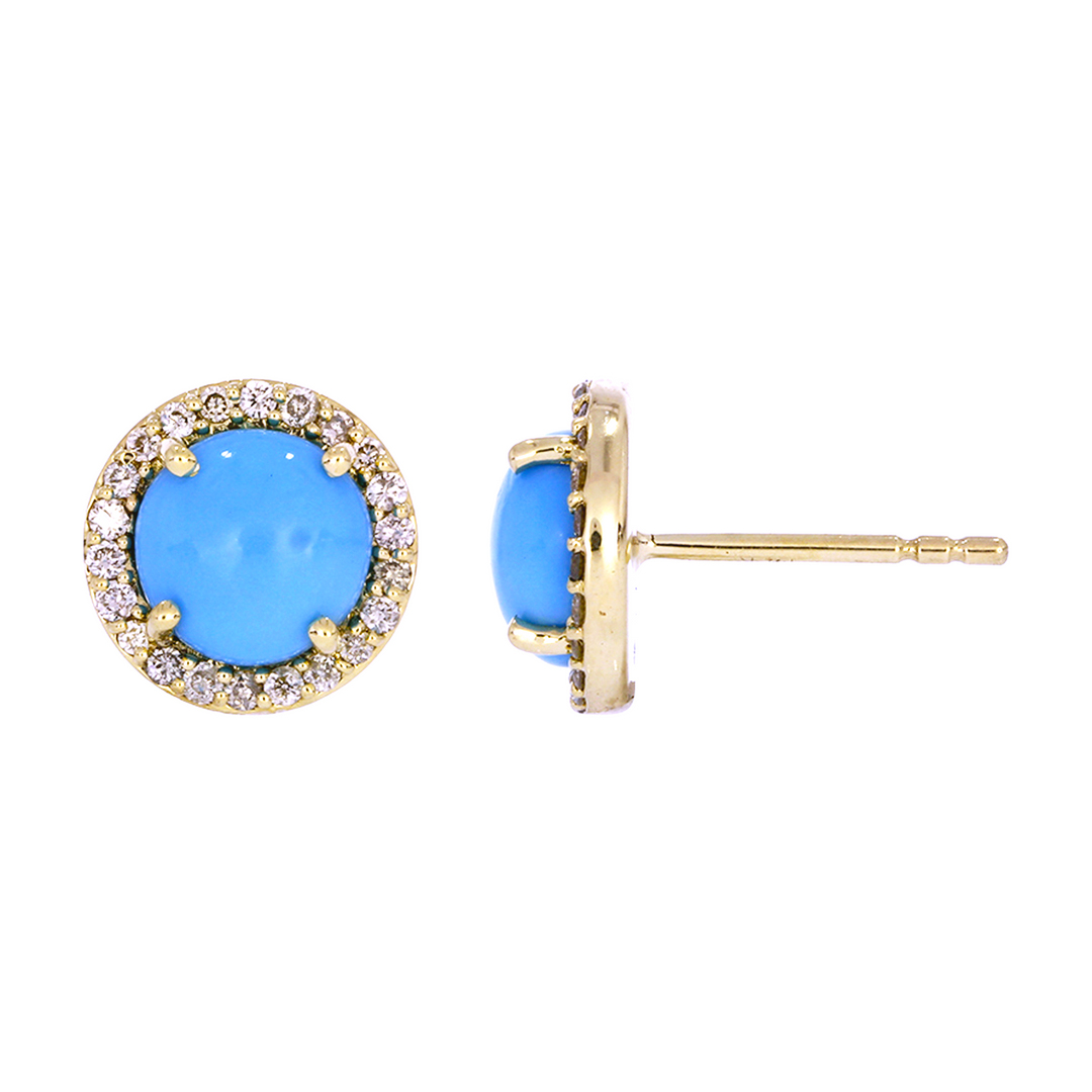 EFD53654TQ. 14K Solid Yellow Gold Diamond and Turquoise Round Stud Earring