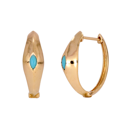 14K Solid Gold Turquoise Oval Hoops