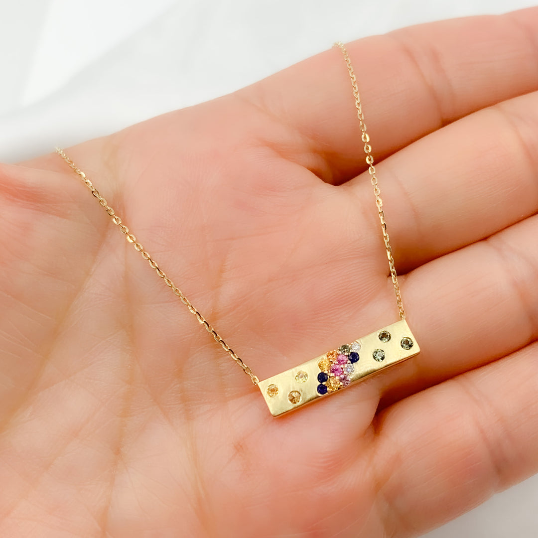 14K Solid Gold Diamond and Multi Sapphire Bar Necklace. NT404694