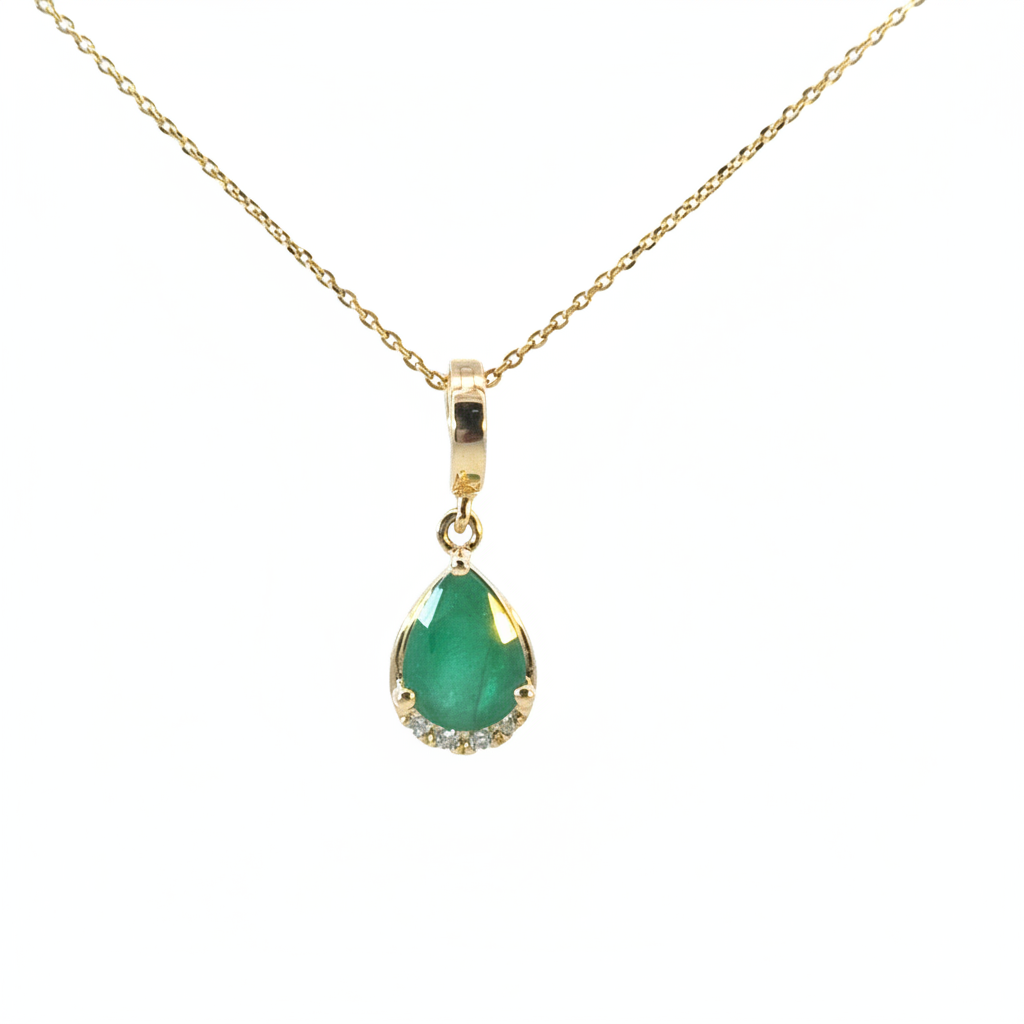 CMA00343EM. 14K Solid Gold Drop-Shaped Emerald and Diamond Charm