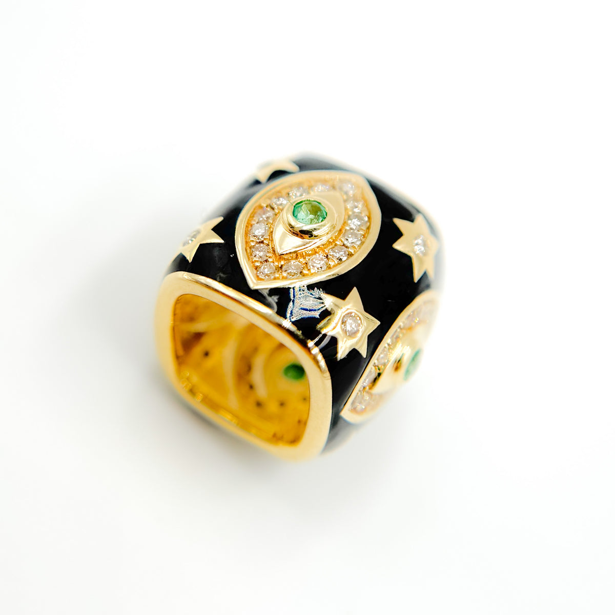 14K Solid Gold Black Enamel and Diamond Evil Eye Design Ring Charm