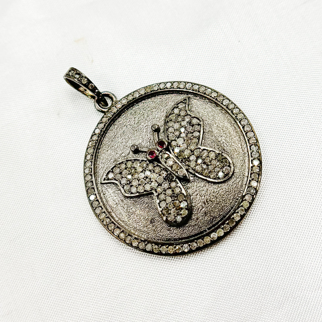 DP381. Diamond Sterling Silver Round Butterfly Pendant with Gemstone