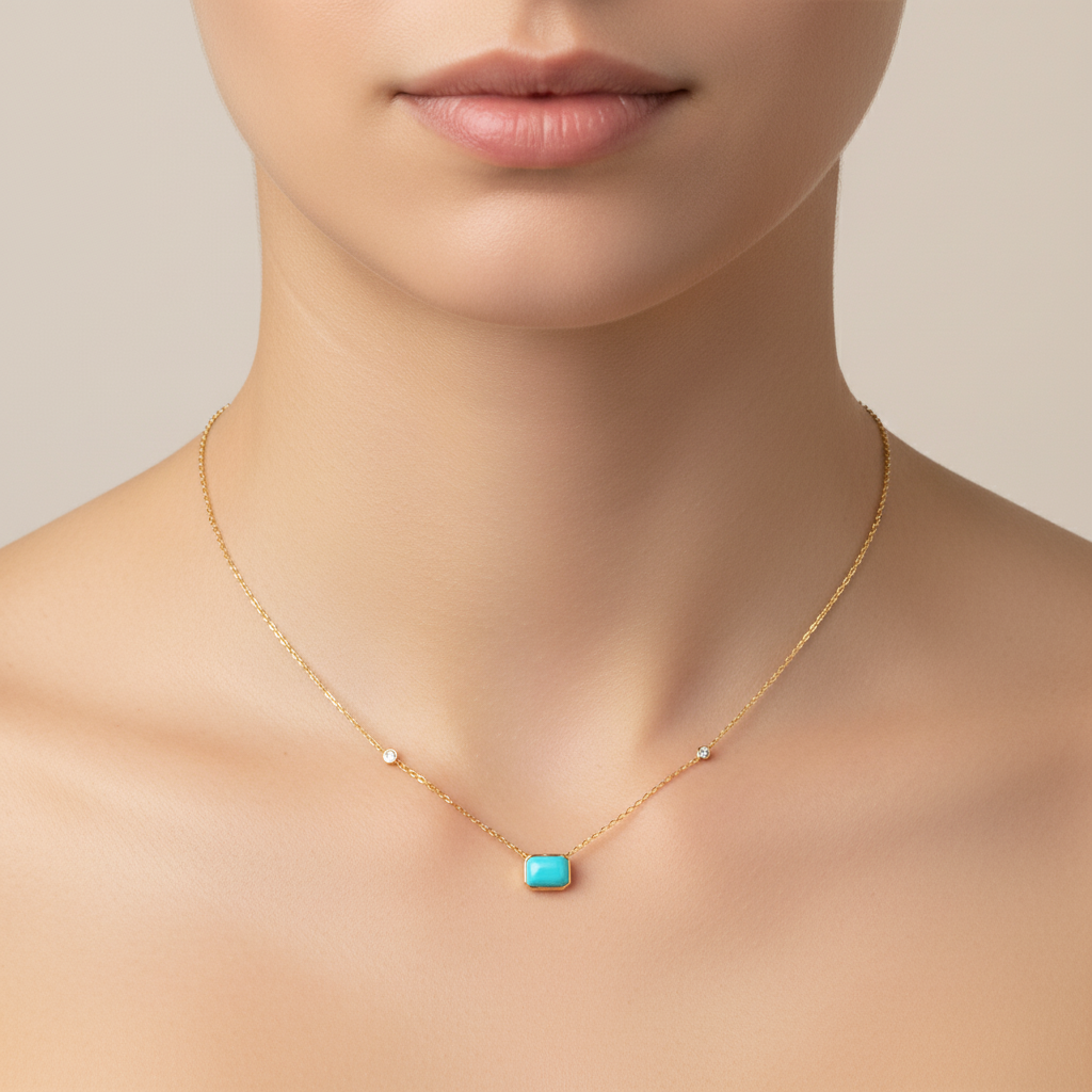 NT407401. 14K Solid Gold Rectangular Turquoise Fancy Tiny Necklace