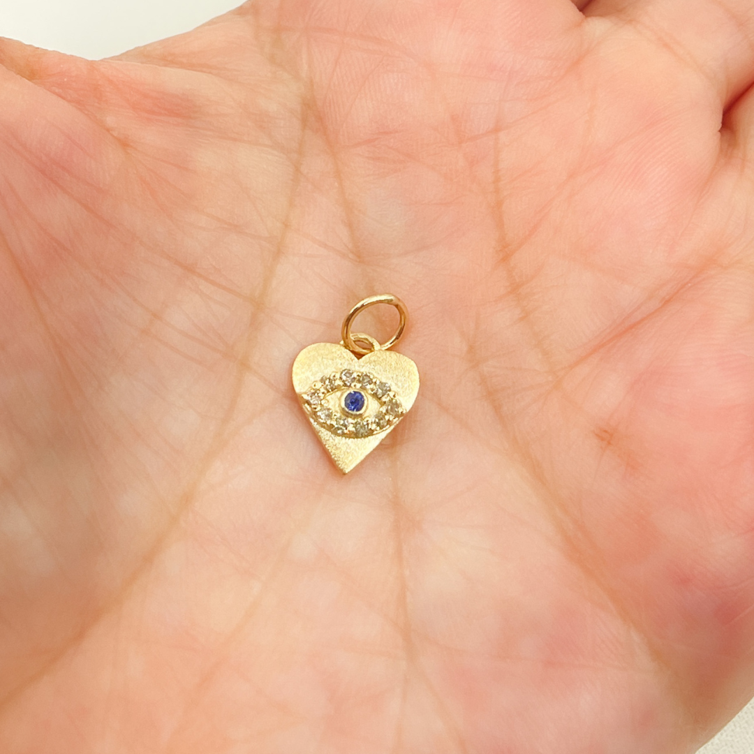 14K Solid Gold Diamond Heart Eye Charm with Gemstone