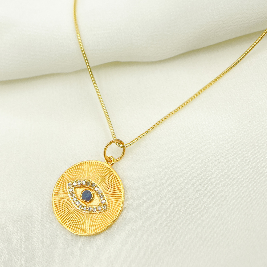 14K Solid Gold Charm. Circle Pendant with Diamonds and Blue Sapphire. GDP338