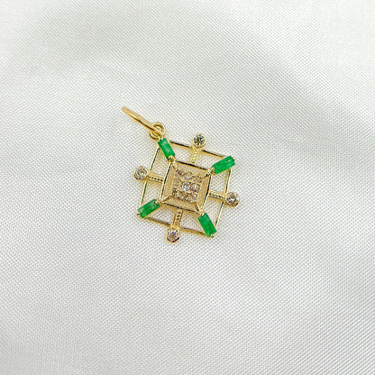 GDP626. 14k Solid Gold Diamond and Emerald Square Charm