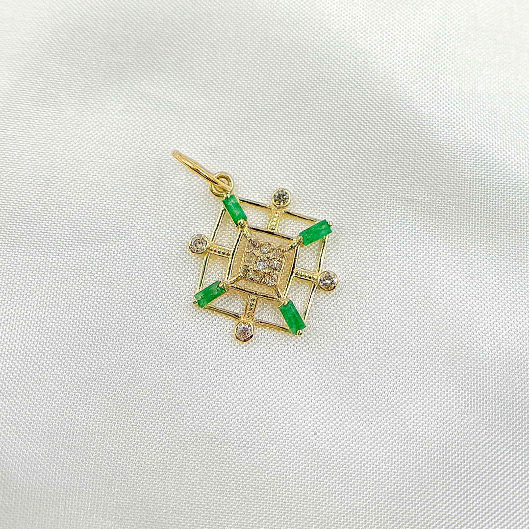 14k Solid Gold Diamond and Emerald Square Charm. GDP626