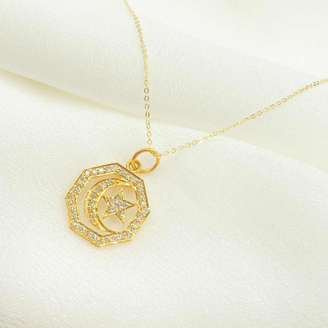 GDP210. 14K Solid Gold Diamond Octagon Moon and Star Charm