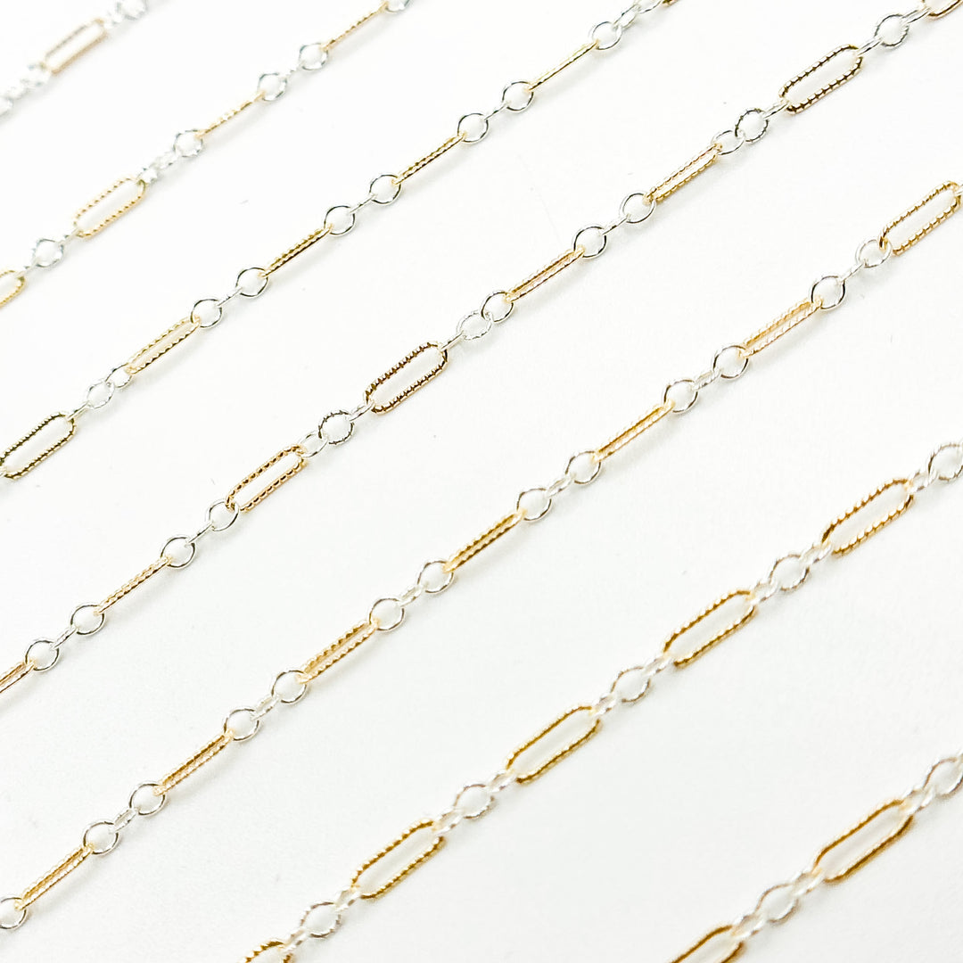 XM/1003K/SP. 14K Gold Filled and Sterling Silver Knurled Link Chain – Long & Short Pattern